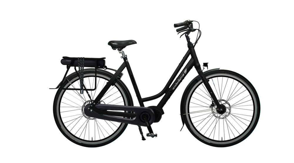 VAE hollandais Flevoland avec cadre aluminium noir brillant et moteur pédalier Shimano E-Bike Systems