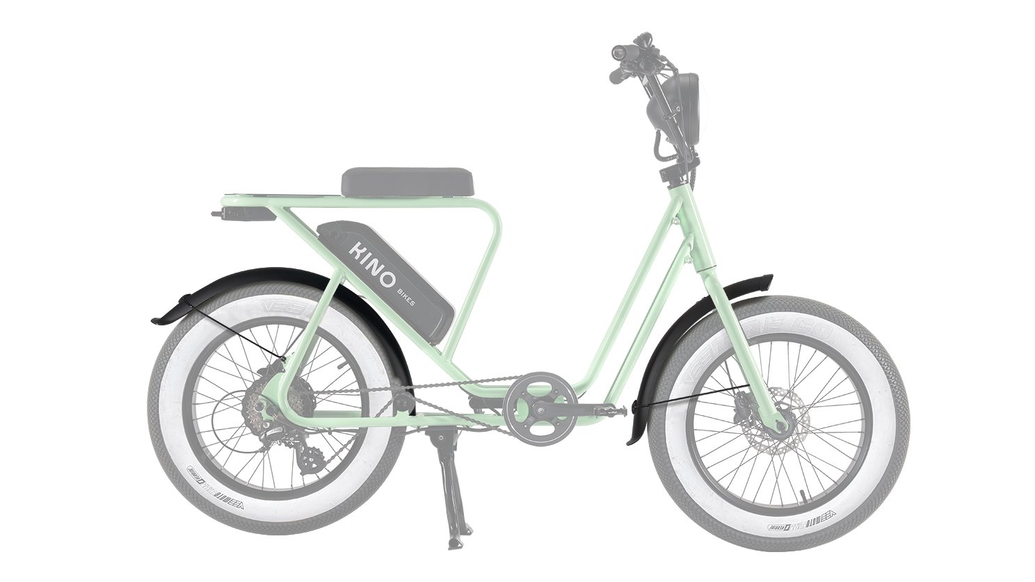 Les garde-boue montés sur un Bolide V2 avec pneus urbain flancs blancs et cadre vert pastel