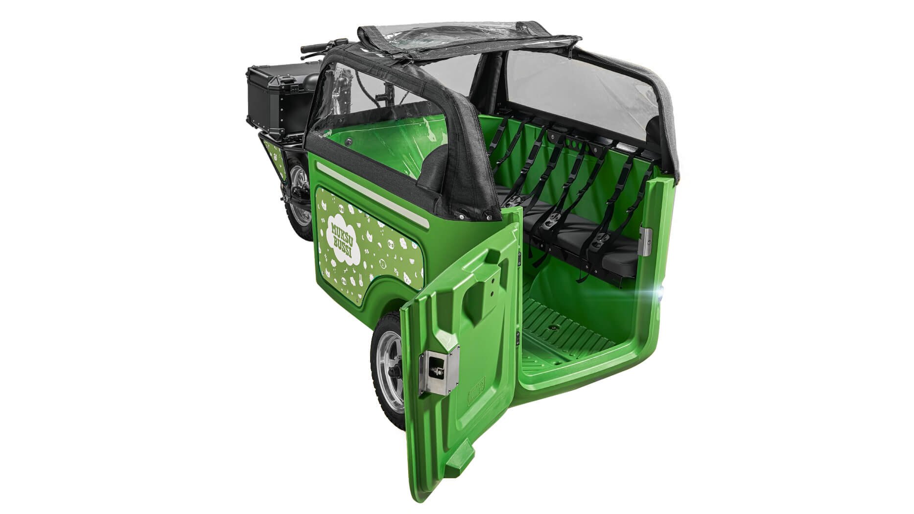 Kiddiebus de Ouca Bikes avec caisse et protection pluie (en option)