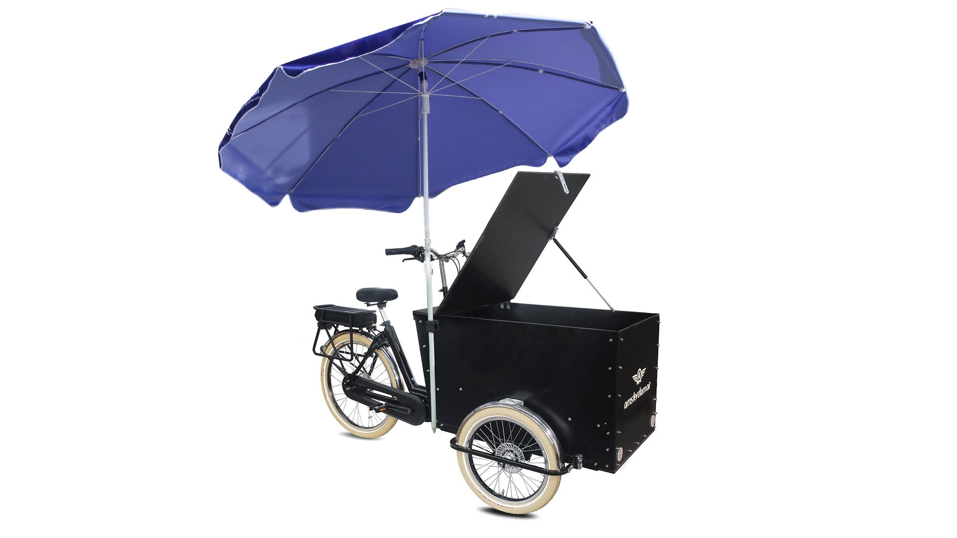 Triporteur NIHOLA CARGO XL Événementiel avec parasol rond personnalisée 