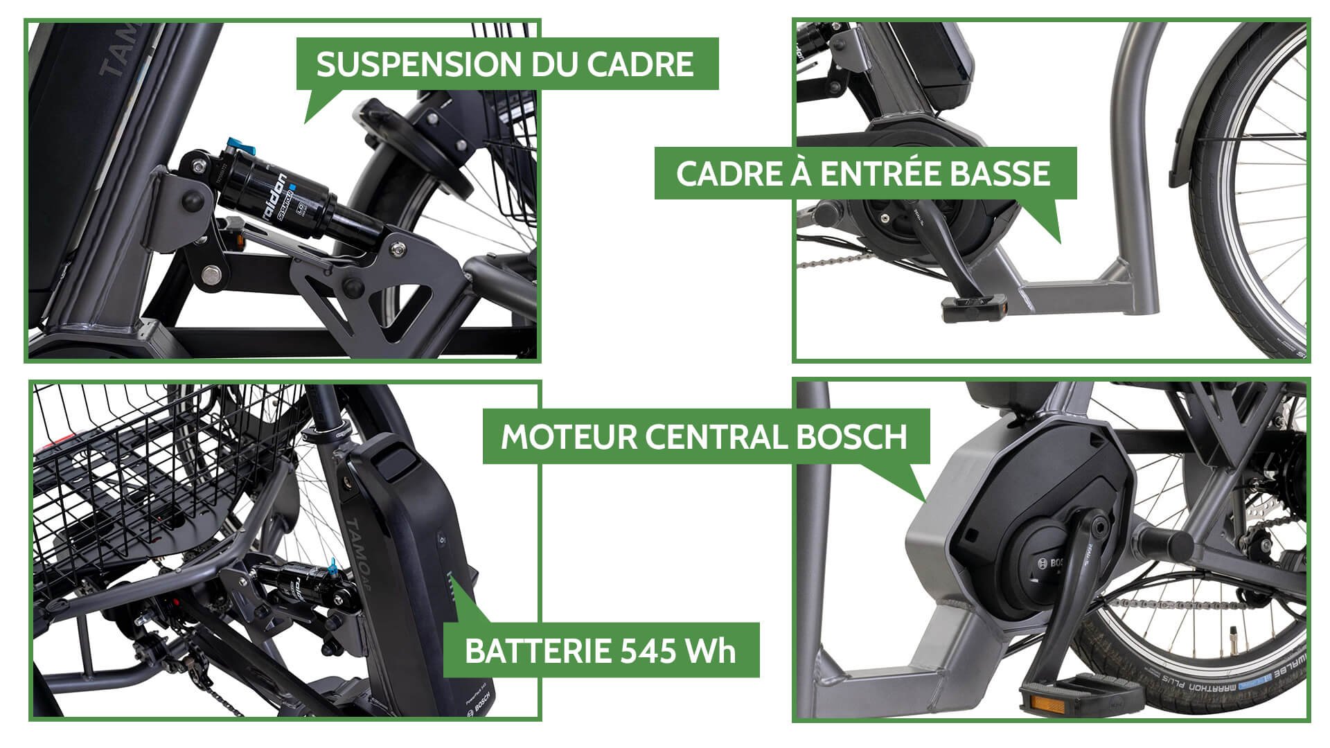 Focus sur différents éléments du tricycle Tamo AP