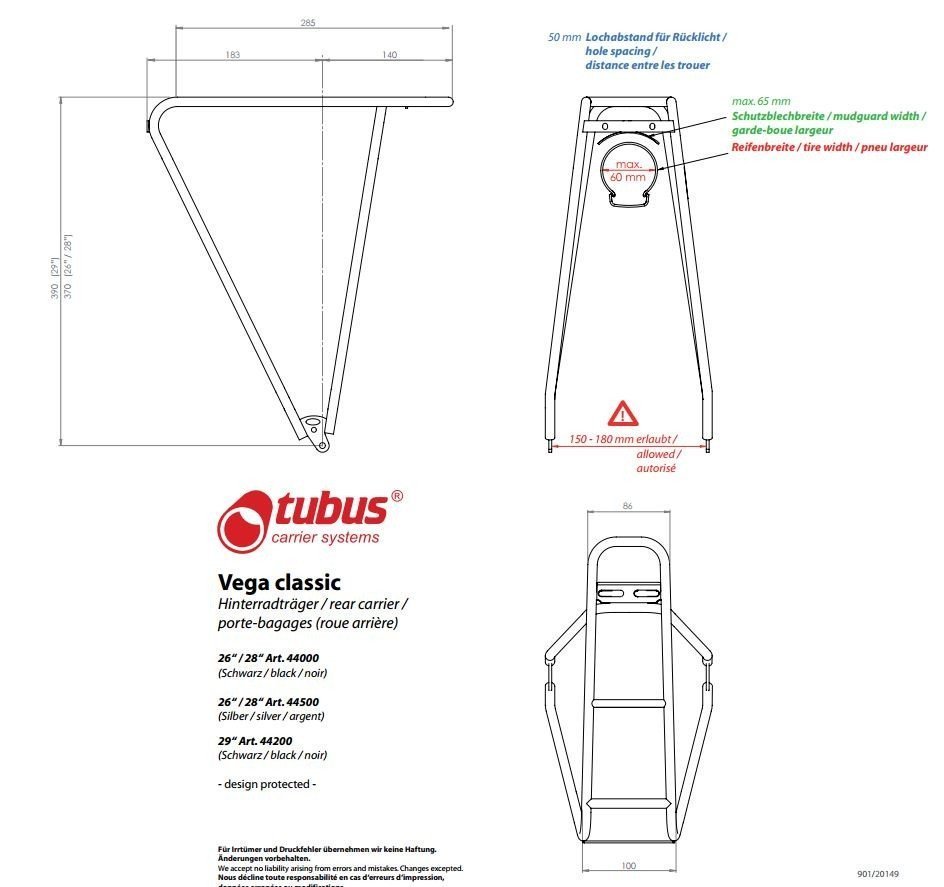 Porte-bagage  Tubus Vega noir 26-28  25 Kg