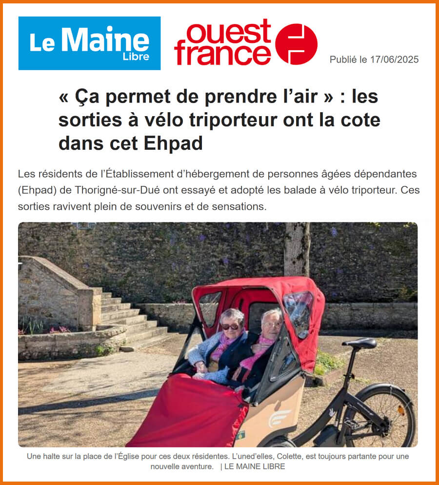 Article de Ouest-France et Le Maine Libre sur le vélo taxi de Thorigné-sur-Dué dans la sarthe